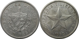 Weltmünzen und Medaillen, Kuba / Cuba. 1 Peso 1934. Silber. KM 15.2. Vorzüglich