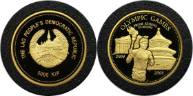 Weltmünzen und Medaillen, Laos. Olympiade 2008 - von Athen nach Beijing. 5000 Kip 2004. Gold. 7,81 g. Friedberg 26. Polierte Platte