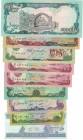 Banknoten, Afghanistan, Lots und Sammlungen. 10, 20, 50, 2 x 100, 500, 1000, 10000 Afghanis 1979-1993 (P:55,56,57,58,59,61,63), 2 Afghanis 2002 (P.65)...