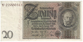 Banknoten, Deutschland / Germany. Deutsches Reich, Weimarer Republik. Reichsbanknote 20 Reichsmark 1929. Ro.174f. III