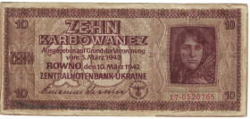 Banknoten, Deutschland / Germany. Deutsche Besatzung Ukraine. 10 Karbowanez 1942. Ro.594. III