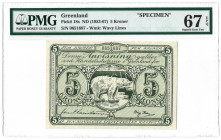 Banknoten, Grönland / Greenland. 5 Kroner ND (1953-67). "SPECIMEN" Pick# 18c. S/N 0651687 - Wmk: Wavy Lines. PMG 67 Superb Gem Unc