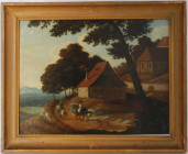 Kunst und Antiquitäten / Art and antiques. Ölgemälde. Österreich 1700-1799. Landschaft. Zwei Reiter und ein Hund. Maße mit Rahmen: 43 x 35 cm. Öl auf ...