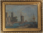 Kunst und Antiquitäten / Art and antiques. Ölgemälde. Italien. Landschaft. Hafen, vielleicht Neapel. Maße mit Rahmen: 55 x 44 cm. Öl auf Eiche, Alter ...