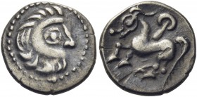 CELTIC, Middle Danube. 2nd-1st centuries BC. Obol (Silver, 10 mm, 0.73 g, 2 h), 'Kapostaler Kleingeld' or 'Krčedin' type. Stylized laureate and bearde...