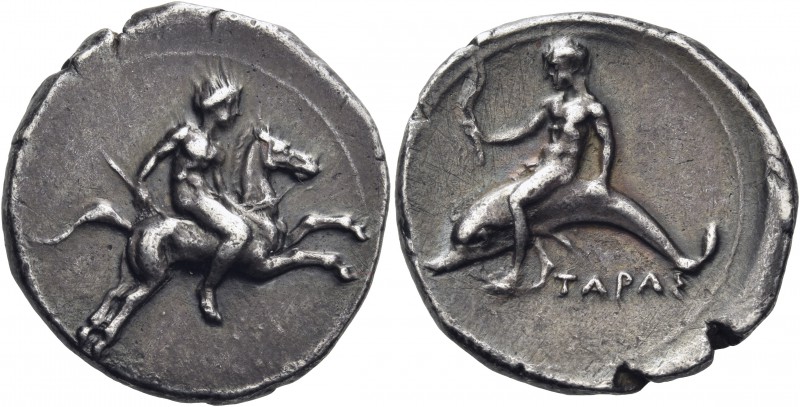 CALABRIA. Tarentum. Circa 400-390 BC. Nomos (Silver, 20 mm, 7.80 g, 8 h). Nude e...