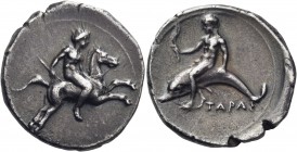 CALABRIA. Tarentum. Circa 400-390 BC. Nomos (Silver, 20 mm, 7.80 g, 8 h). Nude ephebe, holding goad in his right hand and reins in his left, on horse ...
