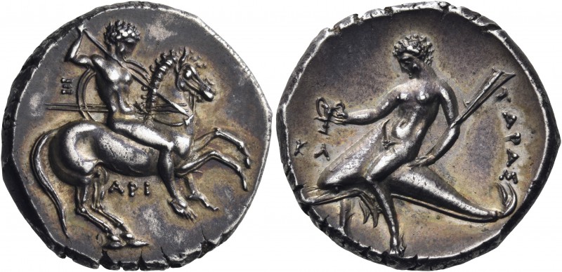 CALABRIA. Tarentum. Circa 315-302 BC. Nomos (Silver, 21 mm, 7.95 g, 6 h). Nude h...