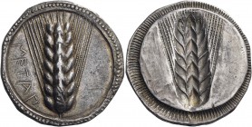 LUCANIA. Metapontum. Circa 515-510 BC. Stater (Silver, 26 mm, 7.99 g, 12 h). ΜΕΤΑΠ Seven-grained barley ear; border of dots. Rev. Seven-grained barley...