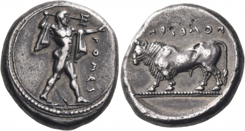 LUCANIA. Poseidonia. Circa 445-420 BC. Stater (Silver, 19 mm, 8.54 g, 5 h). ΠΟΜΕ...