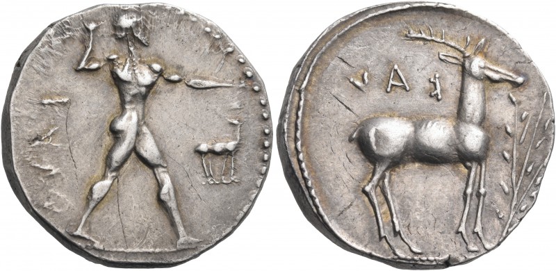 BRUTTIUM. Kaulonia. Circa 475-425 BC. Stater (Silver, 20 mm, 8.02 g, 9 h). ΚΑVΛ ...
