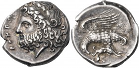 BRUTTIUM. Lokroi Epizephyrioi. Circa 400-350 BC. Nomos (Silver, 20 mm, 7.61 g, 6 h). Λ-Ο-Κ-Ρ-Ω-Ν Laureate head of Zeus to left. Rev. Eagle standing le...