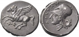 BRUTTIUM. Lokroi Epizephyrioi. Circa 317-310 BC. Stater (Silver, 22 mm, 8.74 g, 6 h). Pegasus flying to left; below, thunderbolt. Rev. ΛOKPΩN Head of ...