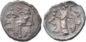 SICILY. Galaria. Circa 460 BC. Litra (Silver, 11.5 mm, 0.65 g, 11 h). Σ-OTE-R (retrograde) Zeus seated left on throne, holding a long, eagle-topped sc...