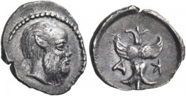 SICILY. Katane. Circa 450-415/3 BC. Hemilitron (Silver, 10.5 mm, 0.37 g, 5 h). Bearded and partially bald head of Silenos to right. Rev. K-A (retrogra...