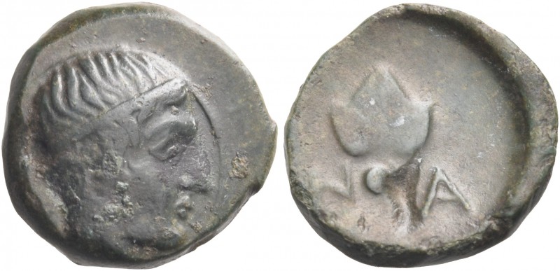 SICILY. Naxos. Circa 425-420 BC. Onkia (Bronze, 12 mm, 1.40 g, 9 h). Youthful ma...