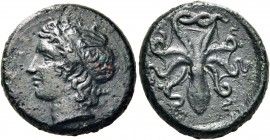 SICILY. Syracuse. Second Democracy, 466-405 BC. Hemilitron (Bronze, 15.5 mm, 3.34 g, 7 h), circa 425-420. [ΣYPA] Head of young Dionysos to left, weari...