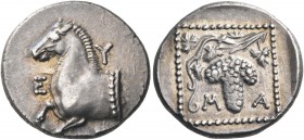 THRACE. Maroneia. Circa 398/7-348/7 BC. Triobol (Silver, 16 mm, 2.77 g, 12 h). E Y [Π] Forepart of a horse to left. Rev. ΜΑ Grape cluster on a vine wi...