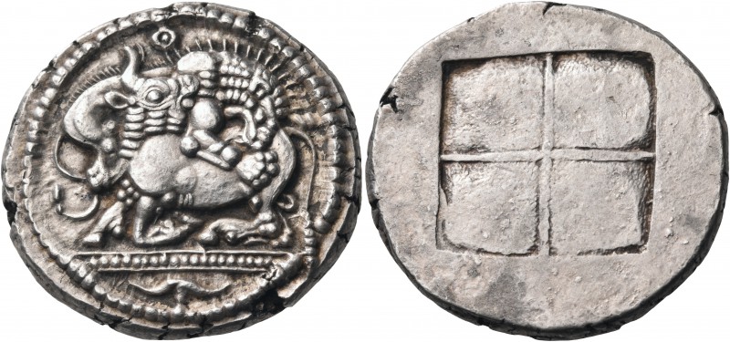 MACEDON. Akanthos. Circa 470 BC. Tetradrachm (Silver, 26 mm, 16.85 g). Lion to r...