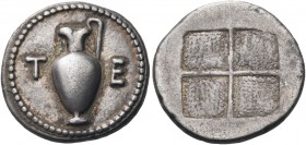 MACEDON. Terone. Circa 424-422 BC. Tetrobol (Silver, 16 mm, 2.35 g). T E Oinochoe to left. Rev. Quadripartite incuse square. Hardwick group IV, 13. SN...