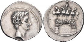 Octavian. Denarius (Silver, 21.5 mm, 3.72 g, 2 h), Brundisium or Rome, 29-27 BC. Bare head of Octavian to right. Rev. Arch with Octavian standing faci...