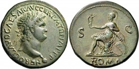 Nero, AD 54-68. Sestertius (Orichalcum, 35 mm, 27.08 g, 7 h), Lugdunum (Lyon), 65. NERO CLAVD CAESAR AVG GER P M TR P IMP P P Laureate head of Nero to...
