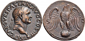 Vespasian, 69-79. As (Copper, 27 mm, 11.31 g, 6 h), Lugdunum (Lyon), 71. IMP CAES VESPASIAN AVG COS III Laureate head of Vespasian to right, set on gl...