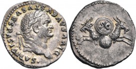 Divus Vespasian, died 79. Denarius (Silver, 19 mm, 3.28 g), struck under Titus, Rome, 80-81. DIVVS AVGVSTVS VESPASIANVS Laureate head of Vespasian to ...
