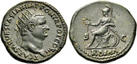 Titus, as Caesar, 69-79. Dupondius (Orichalcum, 27 mm, 12.66 g, 7 h), struck under Vespasian, Rome, 72. T CAESAR VESPASIAN IMP PON TR POT COS II Radia...