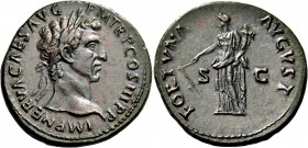 Nerva, 96-98. As (Copper, 28.5 mm, 10.85 g, 6 h), Rome, 97. IMP NERVA CAES AVG P M TR P COS III P P Laureate head of Nerva to right. Rev. FORTVNA AVGV...