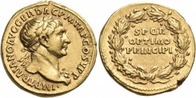 Trajan, 98-117. Aureus (Gold, 19 mm, 7.12 g, 7 h), Rome, 107. IMP TRAIANO AVG GER DAC P M TR P COS V P P Laureate bust of Trajan to right, with aegis ...