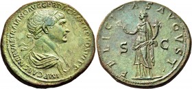 Trajan, 98-117. Sestertius (Orichalcum, 34 mm, 26.13 g, 6 h), Rome, 112/113-114. IMP CAES NERVAE TRAIANO AVG GER DAC P M TR P COS VI P P Laureate and ...