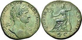 Hadrian, 117-138. Sestertius (Orichalcum, 31 mm, 24.81 g, 6 h), Rome, 119. IMP CAESAR TRAIANVS HADRIANVS AVG Laureate head of Hadrian to right, with c...