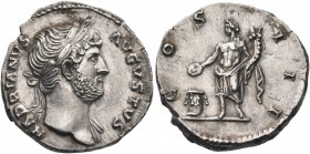 Hadrian, 117-138. Denarius (Silver, 18 mm, 3.27 g, 6 h), Rome, 124-128. HADRIANVS AVGVSTVS Laureate bust of Hadrian to right, with slight drapery on h...