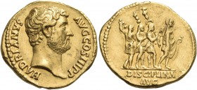 Hadrian, 117-138. Aureus (Gold, 20 mm, 7.38 g, 6 h), Rome, 134-138. HADRIANVS AVG COS III P P Bare head of Hadrian to right. Rev. DISCIPLINA AVG Hadri...