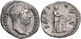 Hadrian, 117-138. Denarius (Silver, 16 mm, 3.15 g, 6 h), Rome, 137. HADRIANVS AVG COS III P P Bare head of Hadrian to right. Rev. SALVS AVG Salus stan...