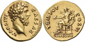 Aelius, Caesar, 136-138. Aureus (Gold, 19 mm, 7.14 g, 6 h), struck under Hadrian, Rome, 137. L AELIVS CAESAR Bare head of Aelius to right. Rev. TRIB P...