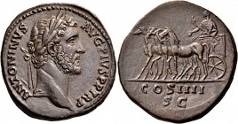Antoninus Pius, 138-161. Sestertius (Orichalcum, 33.5 mm, 21.11 g, 11 h), Rome, 145-147. ANTONINVS AVG PIVS P P TR P Laureate head of Antoninus Pius t...