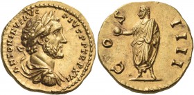 Antoninus Pius, 138-161. Aureus (Gold, 19 mm, 7.11 g, 6 h), Rome, 152-153. ANTONINVS AVG PIVS P P TR P XVI Laureate, draped and cuirassed bust of Anto...