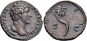 Marcus Aurelius, as Caesar, 139-161. As (Bronze, 26 mm, 9.40 g, 12 h), Rome, 145. AVRELIVS CAESAR AVG PII F Bare head of Marcus Aurelius Caesar to rig...