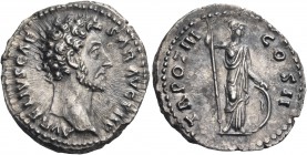 Marcus Aurelius, as Caesar, 139-161. Denarius (Silver, 17 mm, 3.46 g, 6 h), Rome, 148-149. AVRELIVS CAE - SAR AVG PII F Bare head of Marcus to right, ...