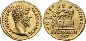 Lucius Verus, 161-169. Aureus (Gold, 19 mm, 7.33 g, 12 h), Rome, 163-164. L VERVS AVG ARMENIACVS Bare head of Lucius Verus to right. Rev. TR P IIII IM...