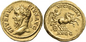 Septimius Severus, 193-211. Aureus (Gold, 20 mm, 7.51 g, 6 h), Rome, 210. SEVERVS PIVS AVG Laureate head of Septimius Severus to left. Rev. VICTORIAE ...