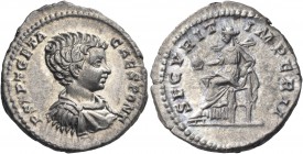 Geta, as Caesar, 198-209. Denarius (Silver, 18 mm, 3.67 g, 12 h), Rome, 200-202. P SEPT GETA CAES PONT Bare-headed, draped and cuirassed bust of Geta ...
