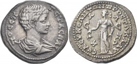 Geta Caesar, 198-209. Tetradrachm (Silver, 25 mm, 8.56 g, 7 h). Seleucia ad Calycadnum. ΠΟ CΕΠ ΓΕΤΑC ΚΑΙ Bare-headed and draped bust of Geta to right....