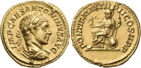 Elagabalus, 218-222. Aureus (Gold, 20 mm, 6.56 g, 12 h), Rome, 219. IMP CAES ANTONINVS AVG  Laureate, draped and cuirassed bust of Elagabalus to right...