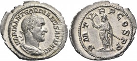 Gordian I, 238. Denarius (Silver, 22.5 mm, 2.54 g, 12 h), Rome, 1-22 April, 238. IMP M ANT GORDIANVS AFR AVG Laureate, draped and cuirassed bust of Go...