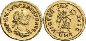 Carus, 282-283. Aureus (Gold, 19.5 mm, 5.02 g, 11 h), Antioch. IMP C M AVR CARVS P F AVG  Laureate, draped and cuirassed bust of Carus to right. Rev. ...