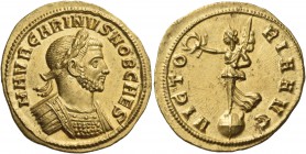 Carinus, as Caesar, 282-283. Aureus (Gold, 19 mm, 4.49 g, 6 h), Siscia, 282. M AVR CARINVS NOB CAES Laureate and cuirassed bust of Carinus to right. R...