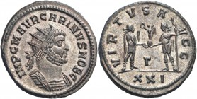 Carinus, as Caesar, 282-283. Antoninianus (Billon, 21 mm, 4.50 g, 6 h), Antioch. IMP C M AVR CARINVS NOB C Radiate and cuirassed bust of Carinus to ri...
